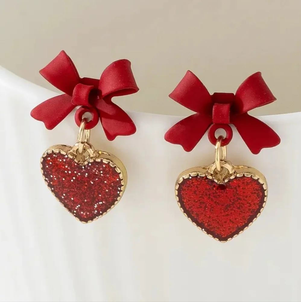 Red Heart & Bow Earrings Sparkling Alloy Gold Plated‎
